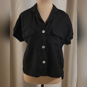 Tahari 100% Linen Black Boxy Button Down Utility Shirt Size M